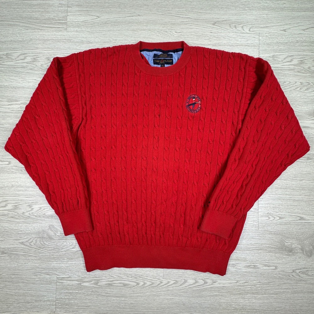 Tommy Hilfiger Men's Sweater 2002 US Open Bethpage Black Red XL Cable Knit